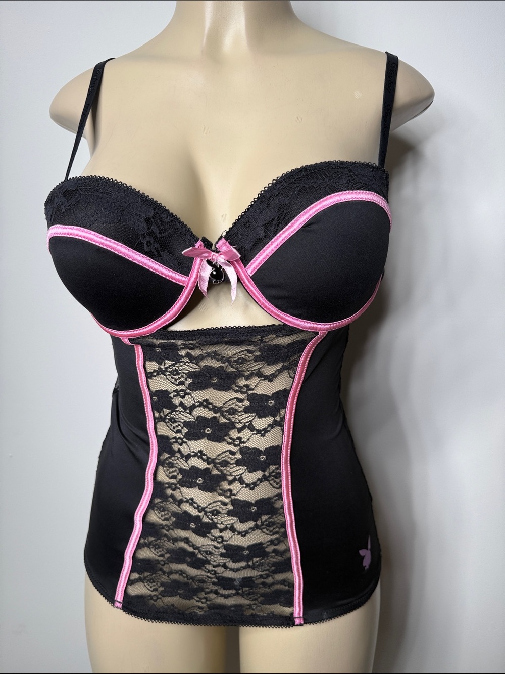 PLAYBOY Black Chemise with Pink Trim and Lace Panel